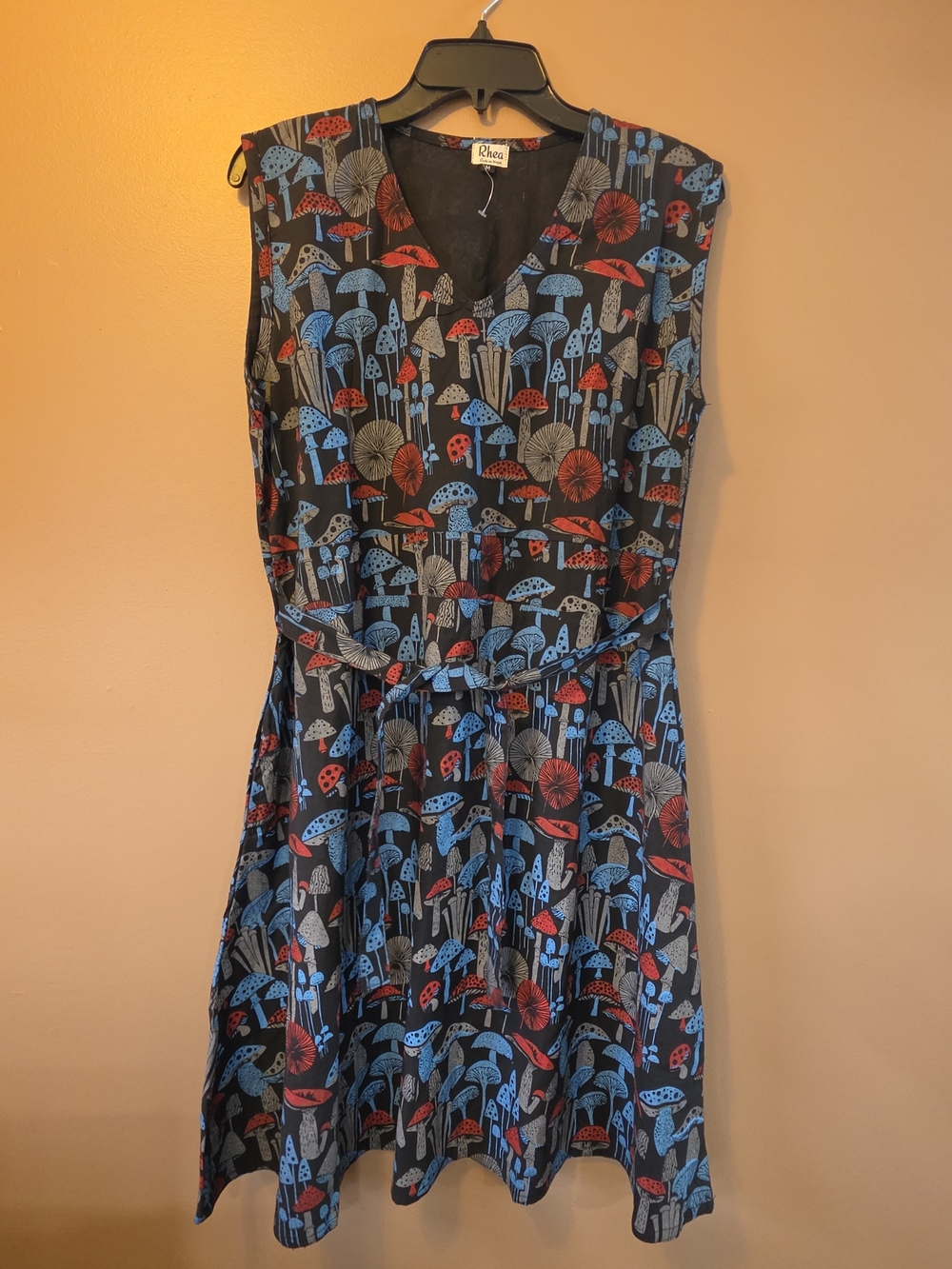 Black Mushroom-Print Sleeveless Dress - Blue & Red